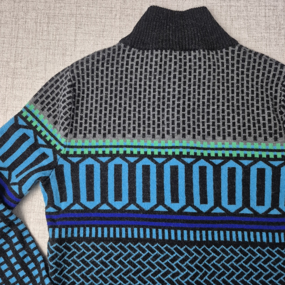 Krimson Klover 100% Merino Wool Full Zip Sweater Nordic Geometric Blue M - Picture 10 of 12